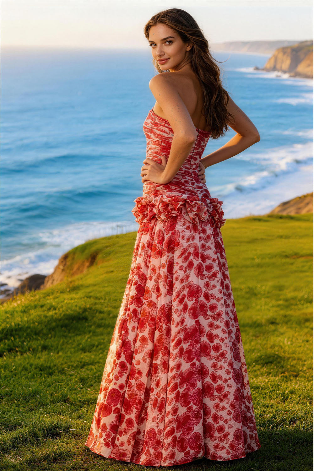 Red fitted floral-embellished floor-length Prom Dress - ANACOSPLAYONE