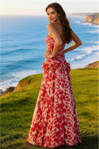 Red fitted floral-embellished floor-length Prom Dress - ANACOSPLAYONE