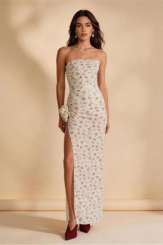 White Slim-fit Polka Dot Floral Slit Prom Dress