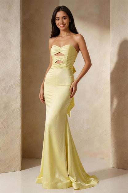 Yellow openwork ruched back strap fishtail Prom Dress - ANACOSPLAYONE