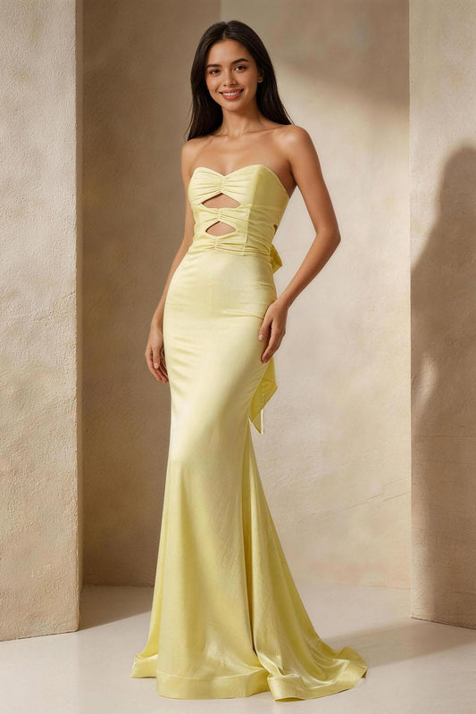 Yellow openwork ruched back strap fishtail Prom Dress - ANACOSPLAYONE