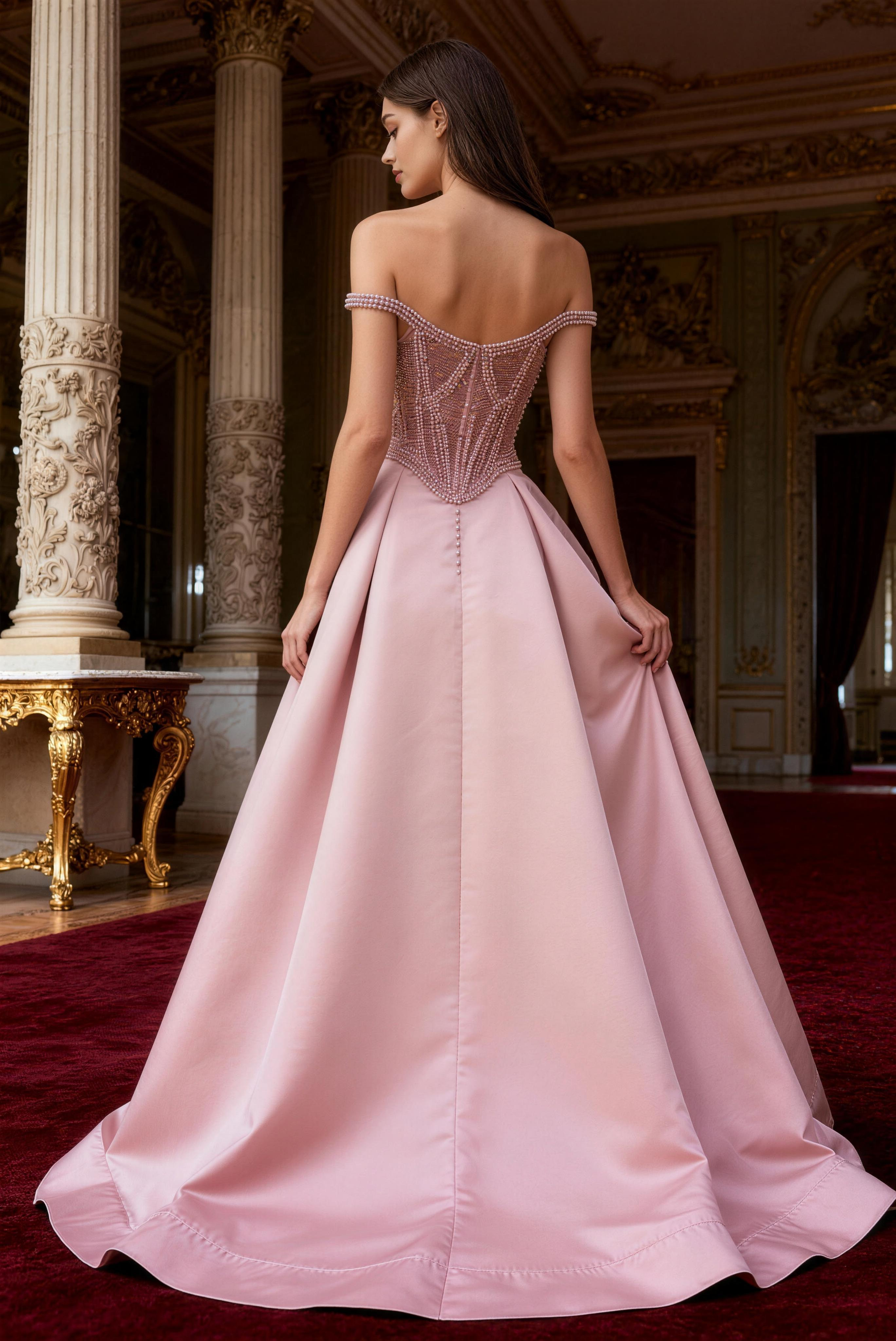 Pink tulle pearl full skirt strapless high slit prom dresses - ANACOSPLAYONE