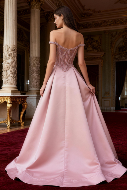 Pink tulle pearl full skirt strapless high slit prom dresses - ANACOSPLAYONE