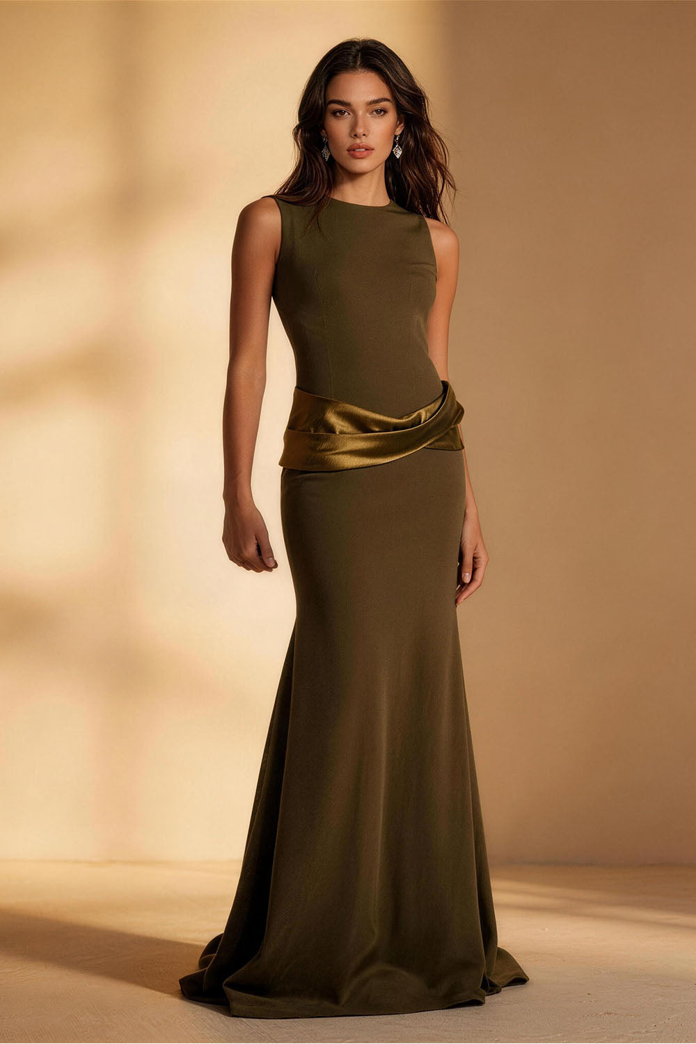 Green Slim Fit Belt Fishtail Prom Dress