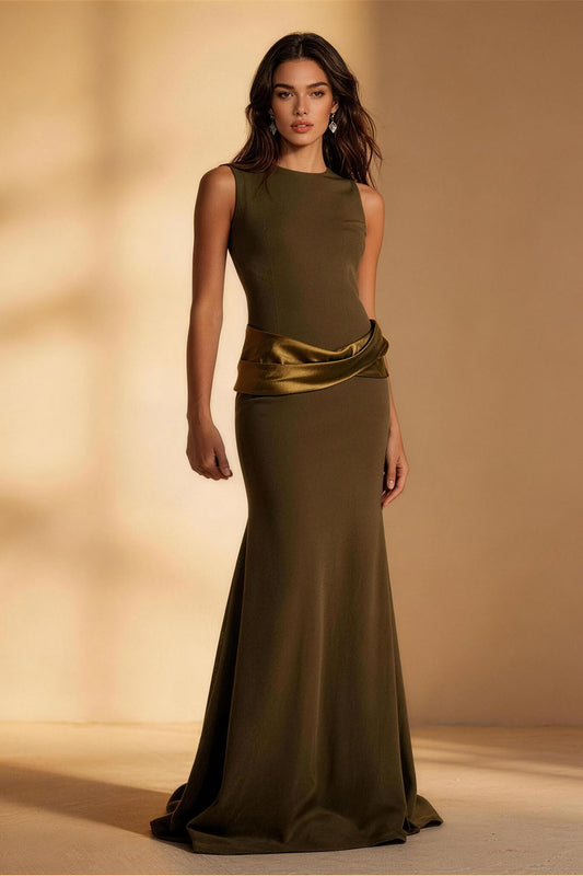 Green Slim Fit Belt Fishtail Prom Dress