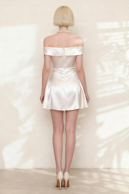 Silver satin fitted strapless ruched dress