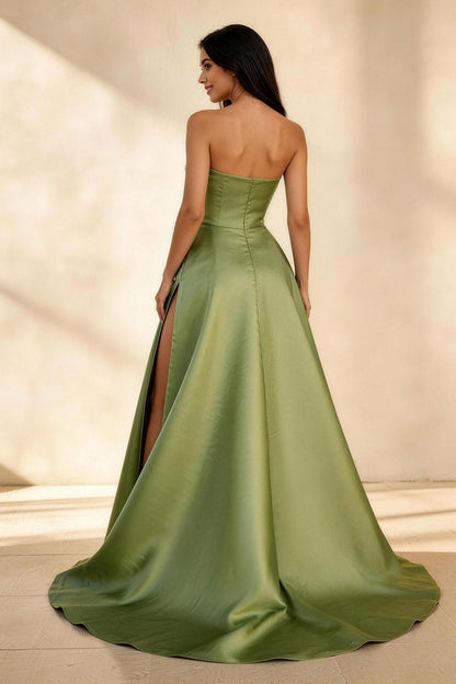 Green satin multi-layered pleated high-slit Prom Dress - ANACOSPLAYONE