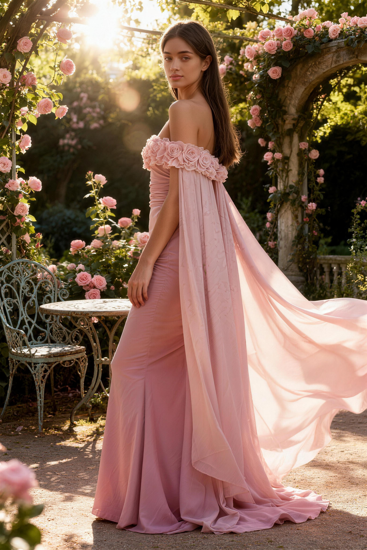 Pink off-shoulder floral cape, strapless, fitted mermaid dresses - ANACOSPLAYONE