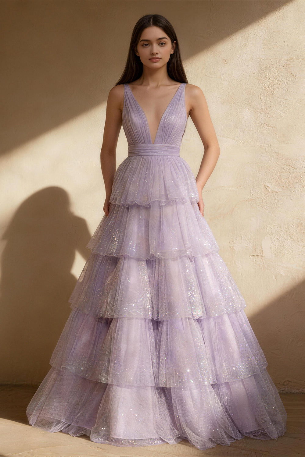Purple deep V-neck tulle multi-layered princess-style Prom Dress - ANACOSPLAYONE
