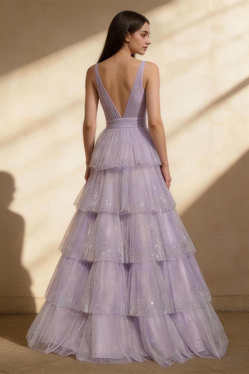 Purple deep V-neck tulle multi-layered princess-style Prom Dress - ANACOSPLAYONE