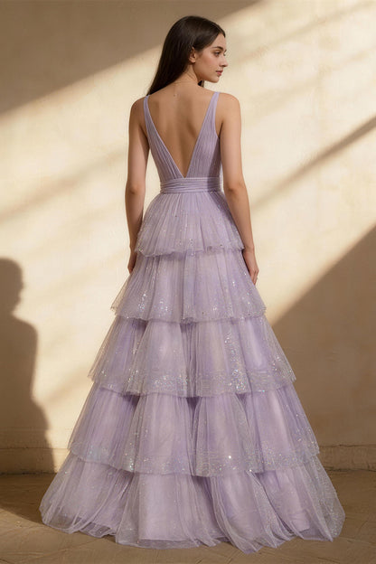 Purple deep V-neck tulle multi-layered princess-style Prom Dress - ANACOSPLAYONE