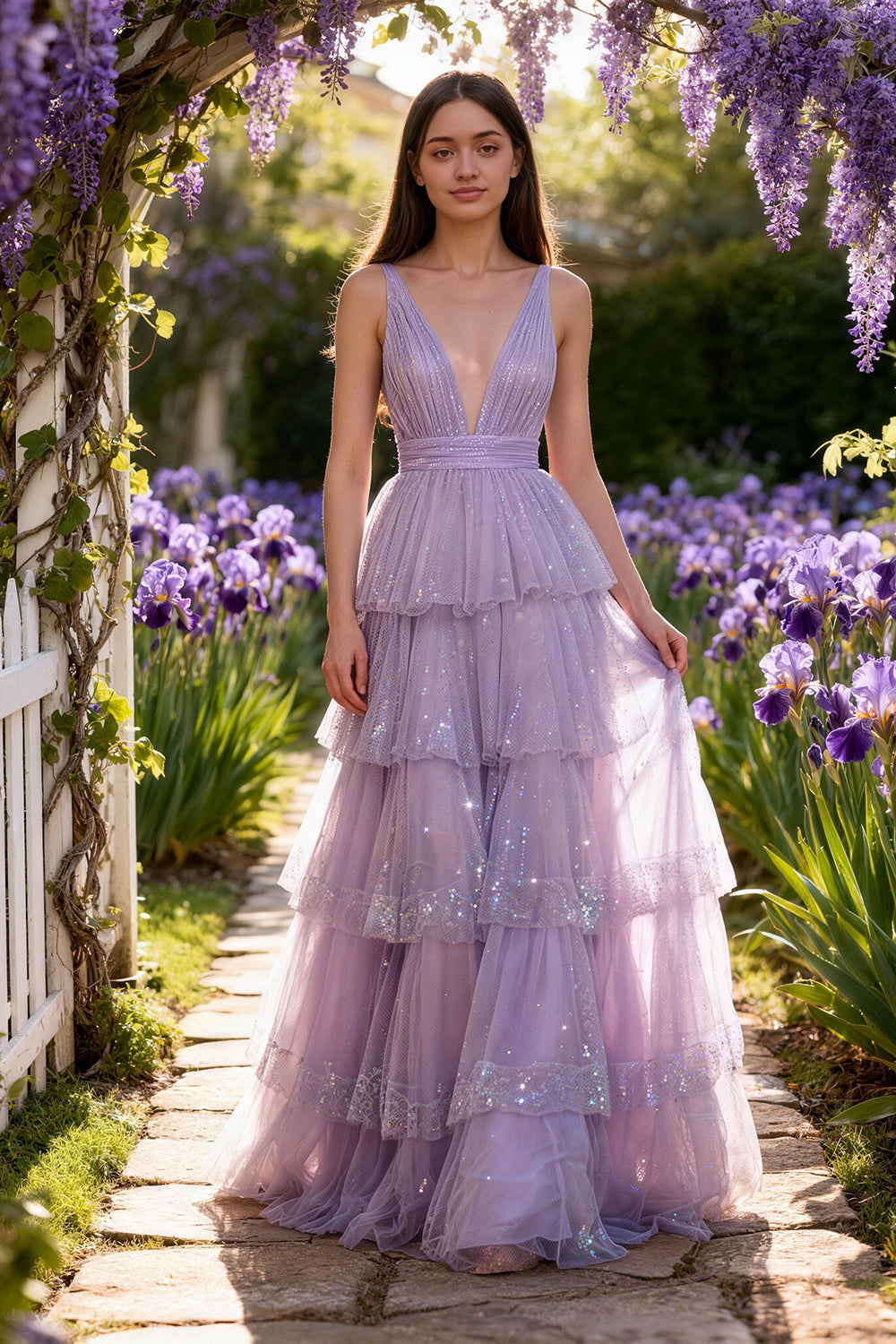 Purple deep V-neck tulle multi-layered princess-style Prom Dress - ANACOSPLAYONE