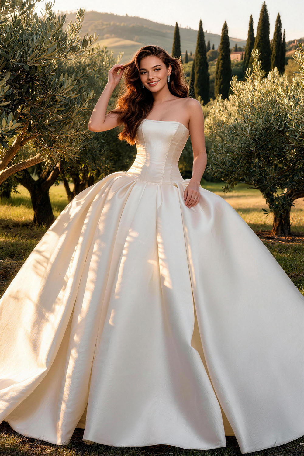 Fitted white satin wedding gown with ruching and a voluminous skirt.