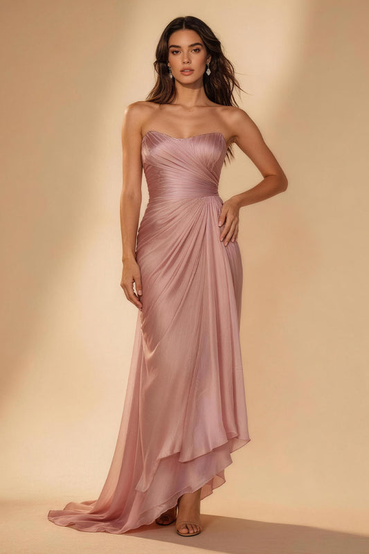 Pink satin tulle strapless pleated fishtail Prom Dress