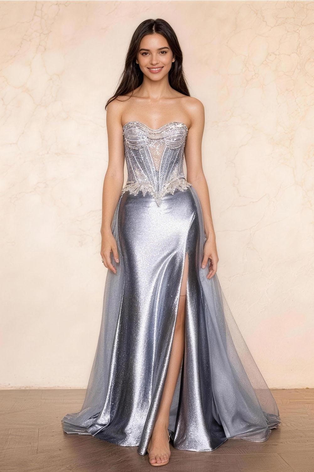 Silver openwork rhinestone-embellished high-slit Prom Dress - ANACOSPLAYONE
