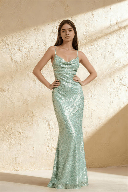 Blue sequined fitted halter mermaid floor prom dress - ANACOSPLAYONE