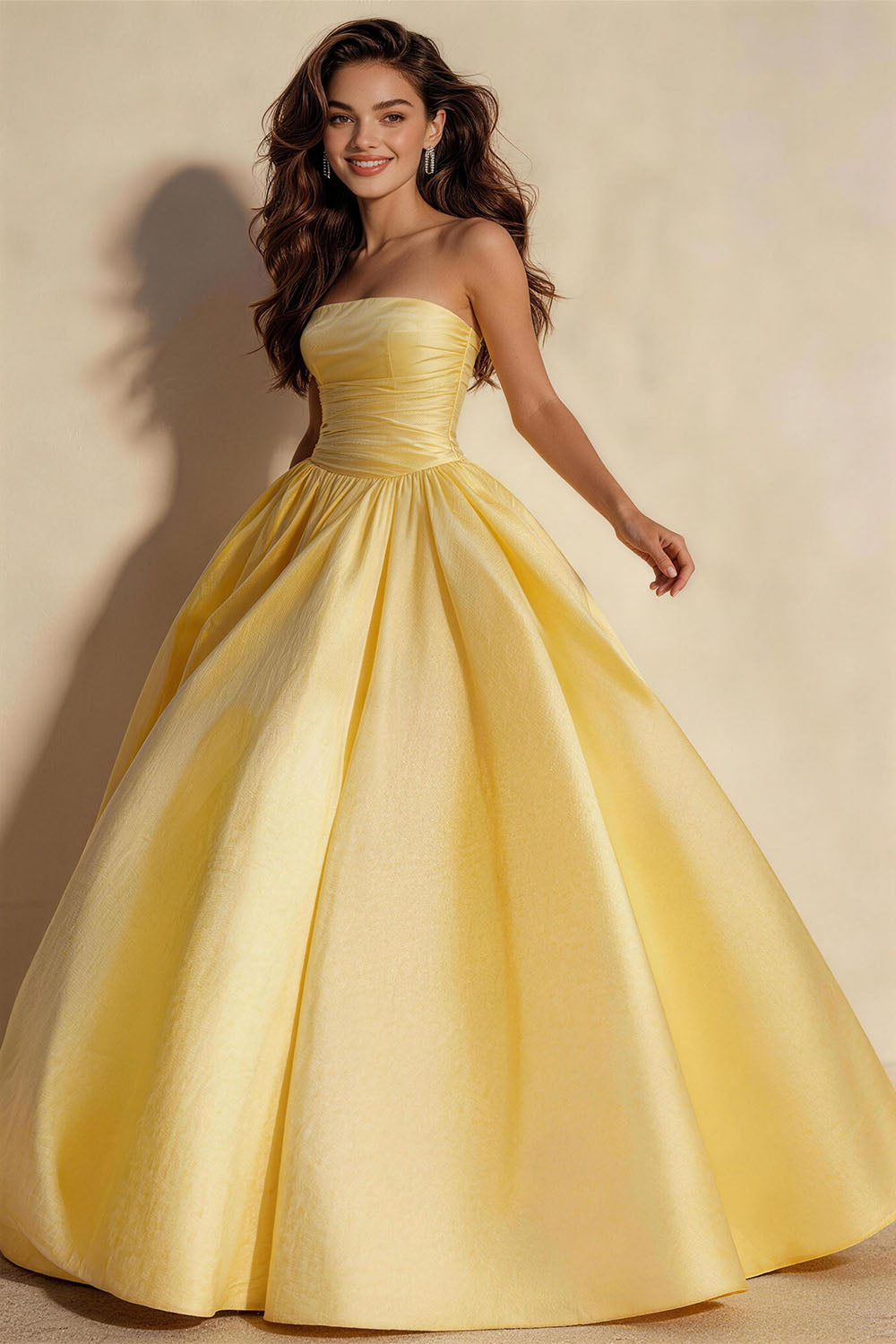 Yellow lightweight linen fitted, ruched, strapless gown