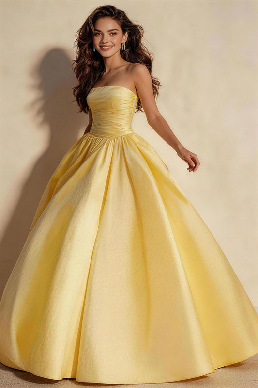 Yellow lightweight linen fitted, ruched, strapless gown