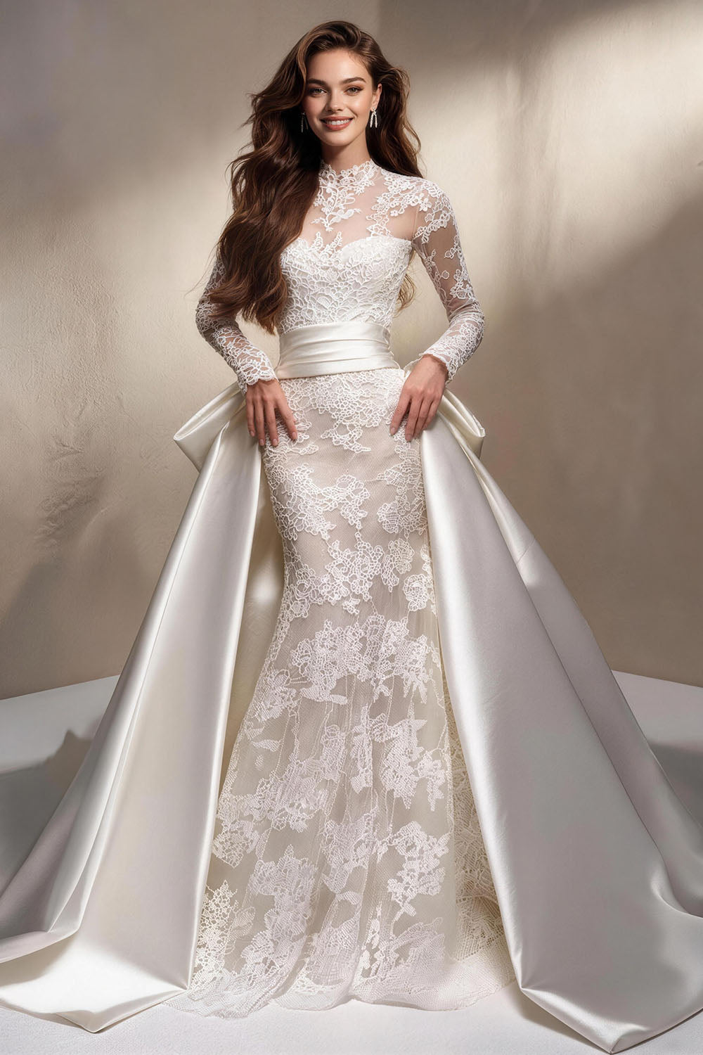 Fitted, ruched wedding gown featuring white tulle, satin, and a voluminous skirt.