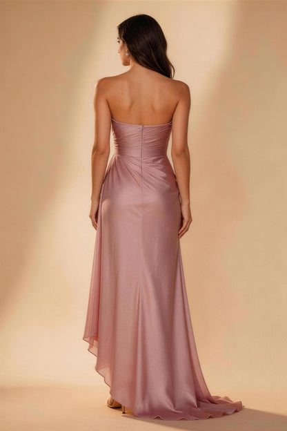 Pink satin tulle strapless pleated fishtail Prom Dress