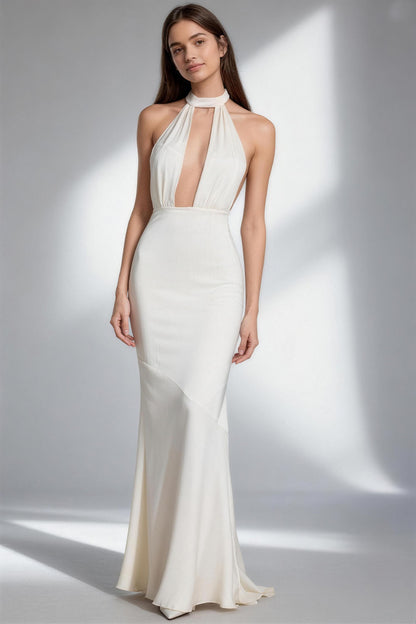 White satin backless deep V-neck mermaid prom dress - ANACOSPLAYONE