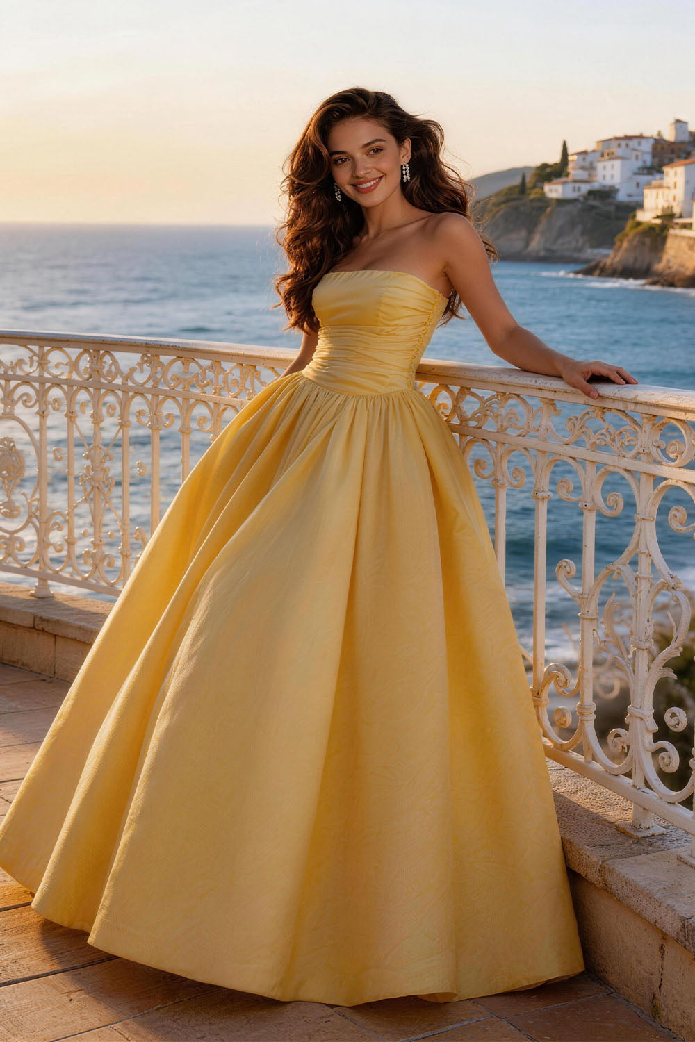 Yellow lightweight linen fitted, ruched, strapless gown