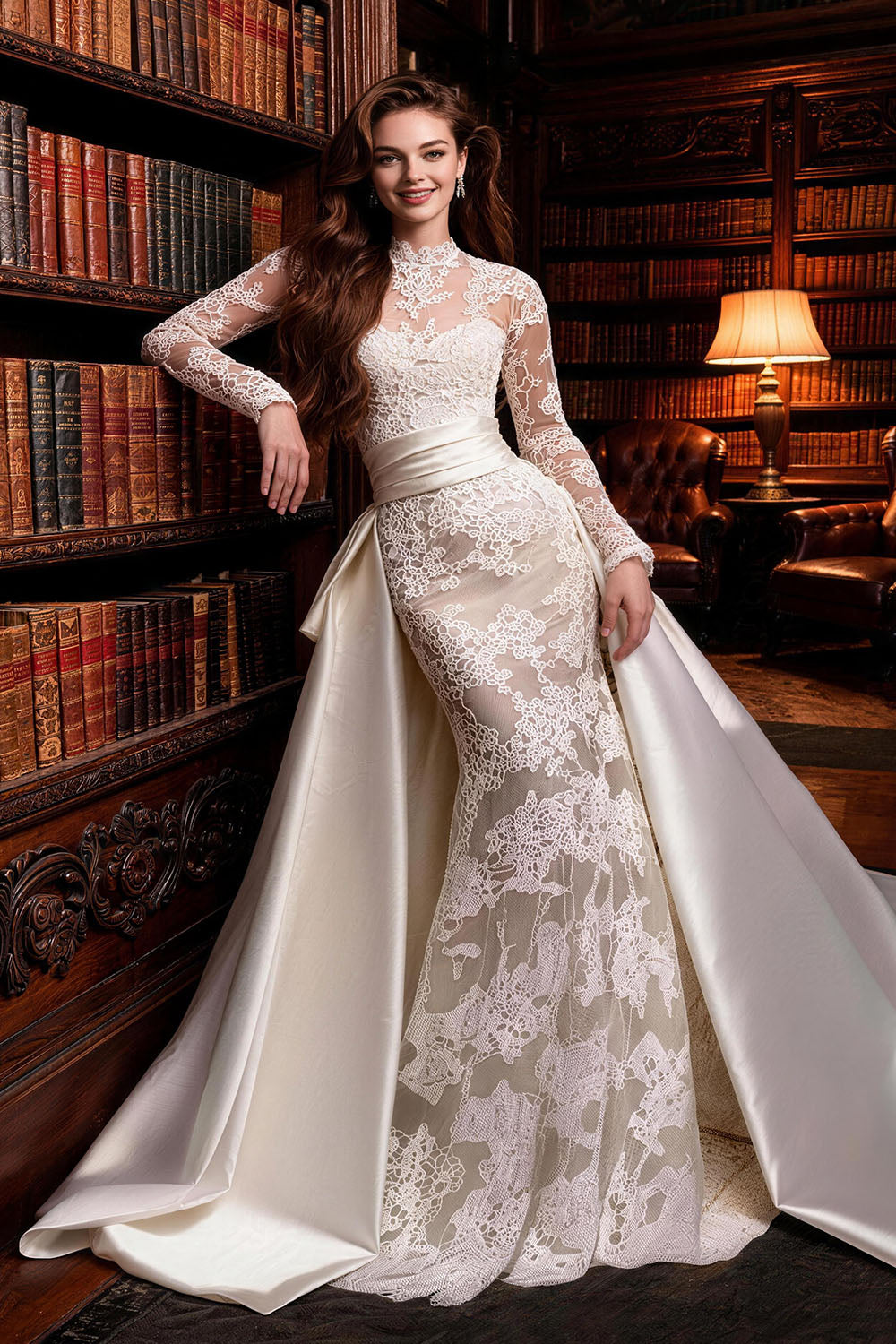 Fitted, ruched wedding gown featuring white tulle, satin, and a voluminous skirt.