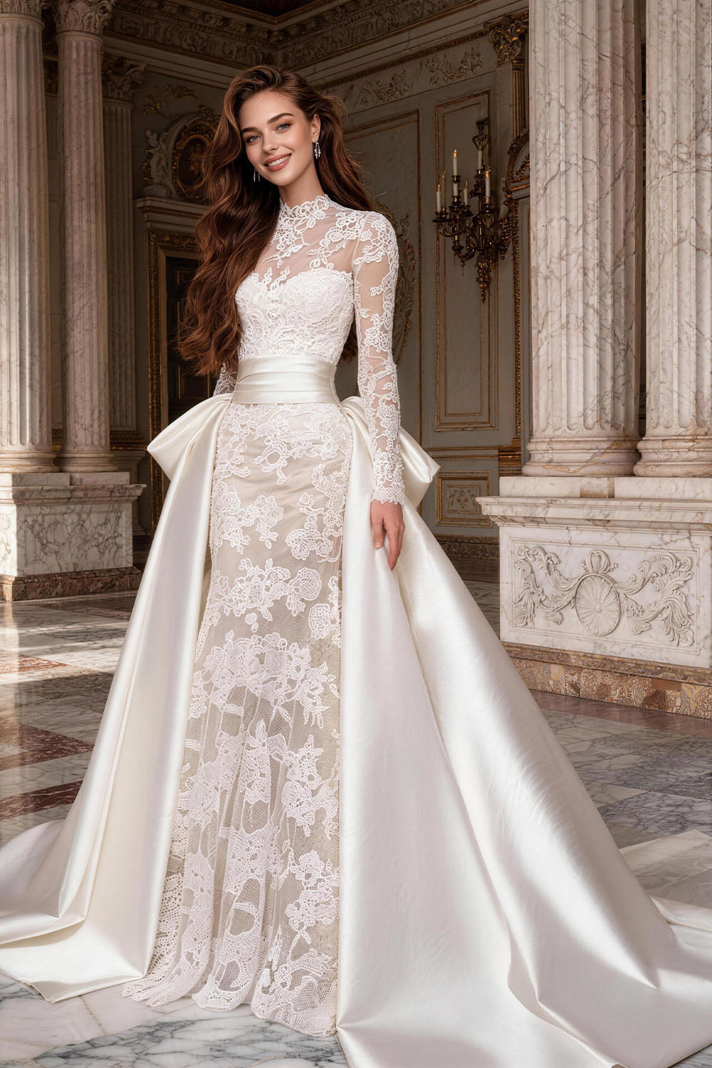 Fitted, ruched wedding gown featuring white tulle, satin, and a voluminous skirt.